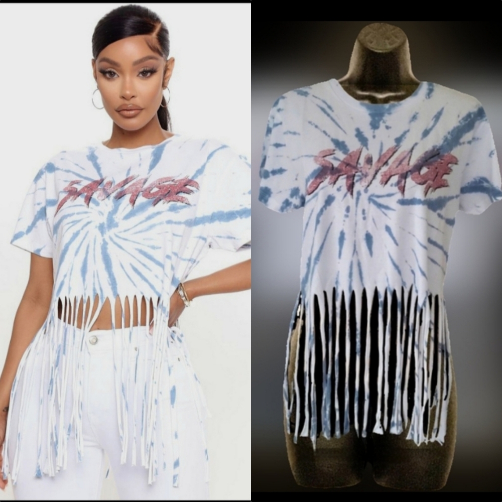 Fashion Nova white blue tie dye red SAVAGE graphics fringe crop top 2X NWOT